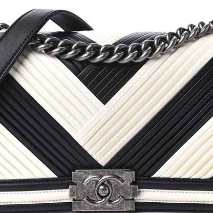 Chanel Calfskin Pleated Medium Boy In Rome Flap Black White 10 of 11