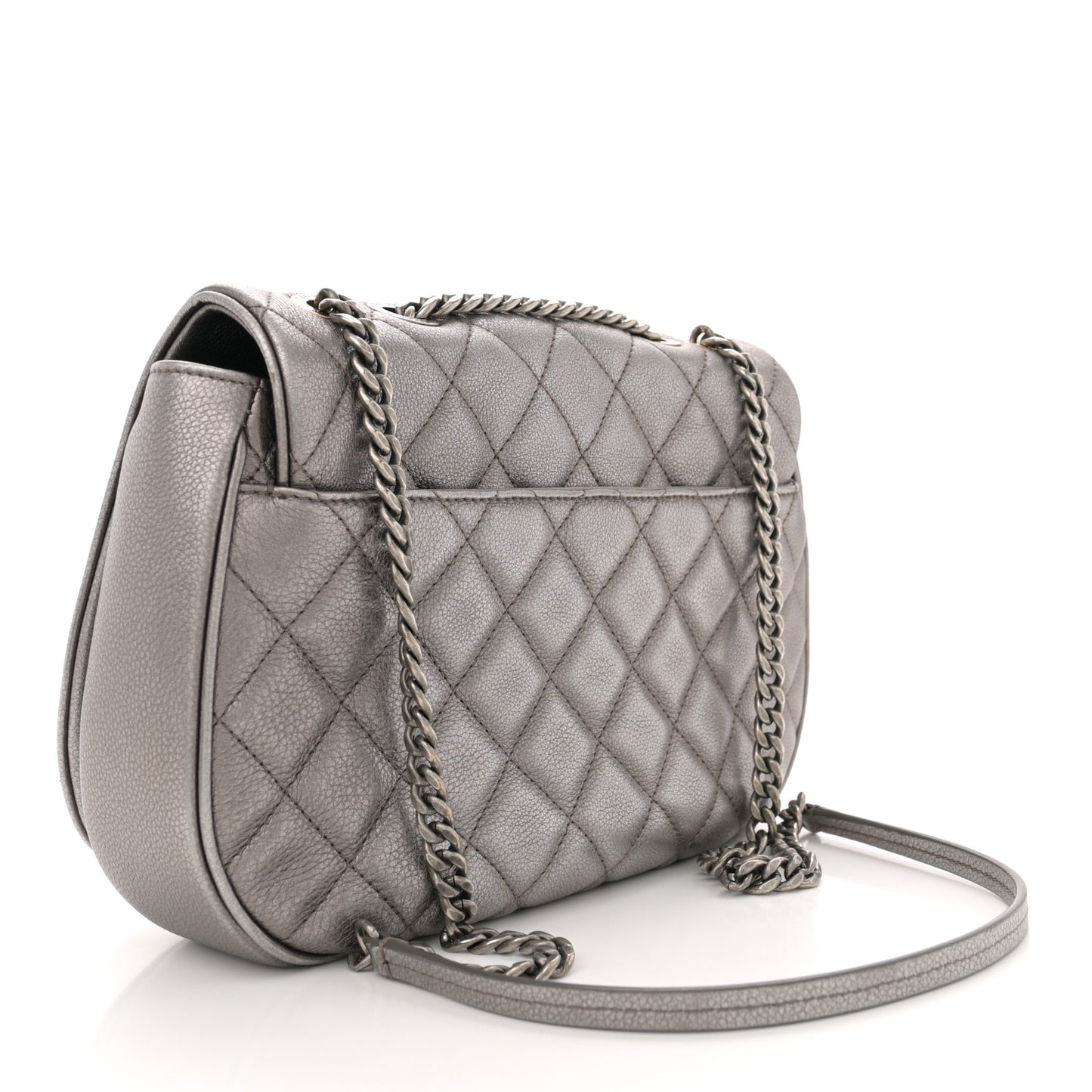 Metallic Calfskin Quilted Casual Pocket Messenger Flap Silver