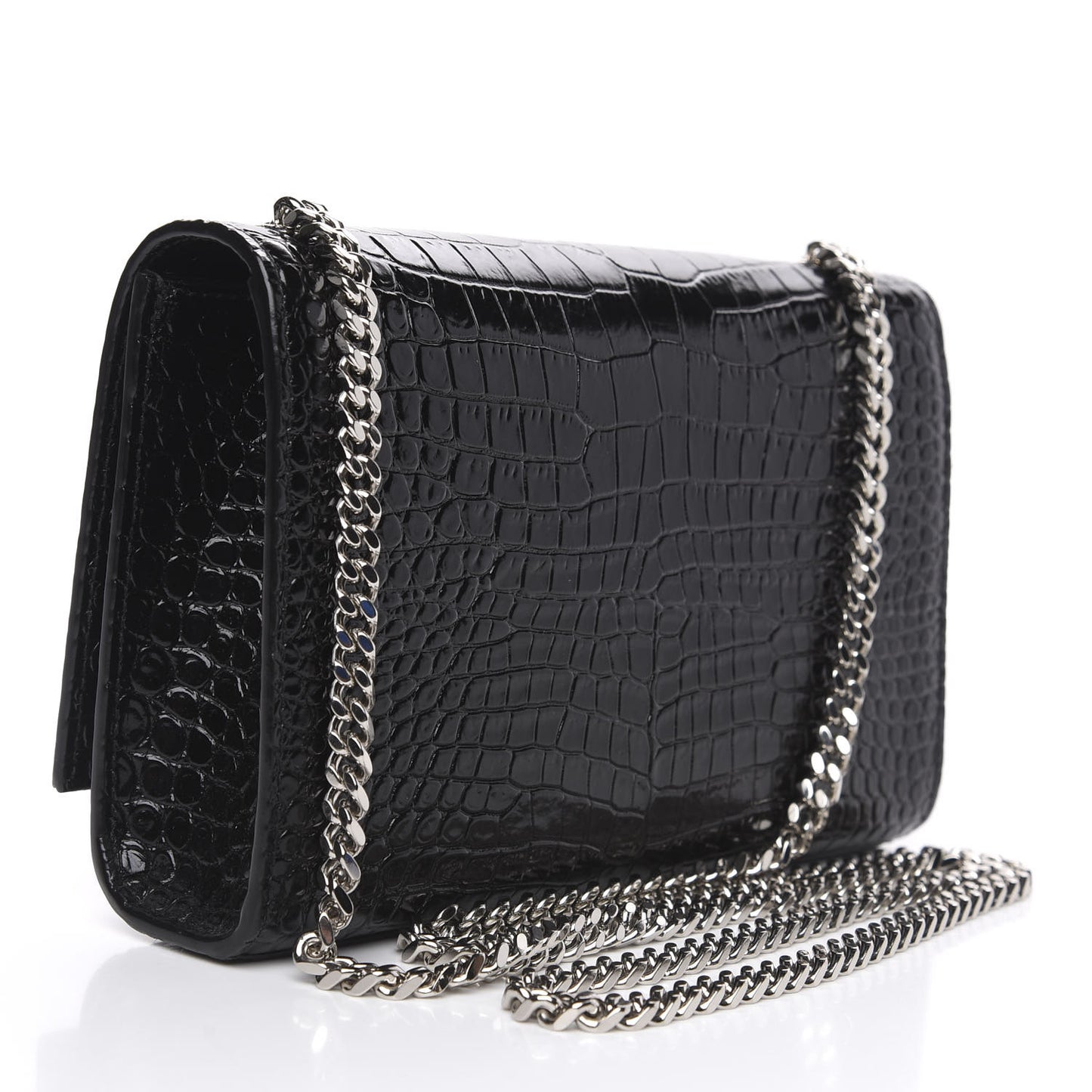 Calfskin Crocodile Embossed Small Classic Monogram Kate Tassel Satchel Black