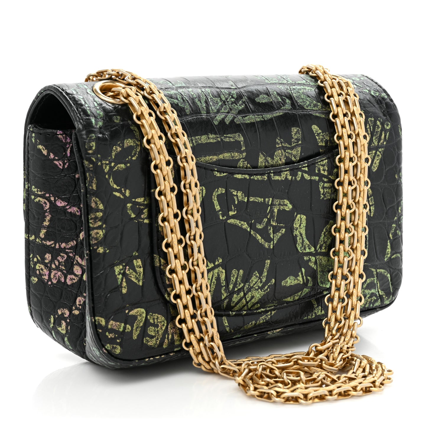 Calfskin Crocodile Embossed Graffiti 2.55 Mini Cocodile Reissue Flap Black Pink