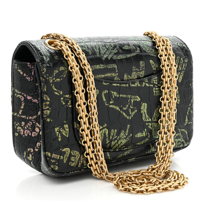 Chanel Calfskin Crocodile Embossed Graffiti 2.55 Mini Cocodile Reissue Flap Black Pink 3 of 16