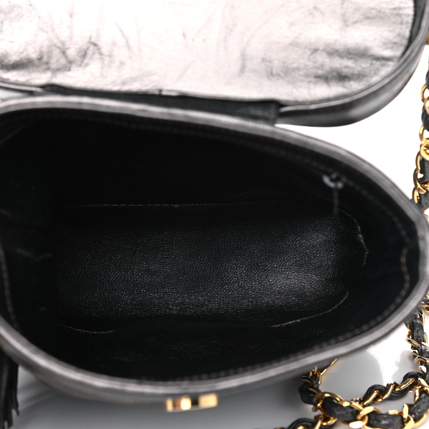Metallic Lambskin Quilted Tassel Shoulder Bag Dark Grey
