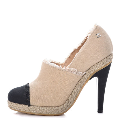 Chanel Toile Cap Toe Espadrille Pumps 39 Beige Black 1 of 9