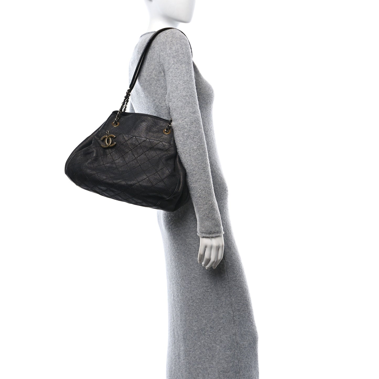 Iridescent Grained Calfskin Stitched Accordion Tote Dark Grey