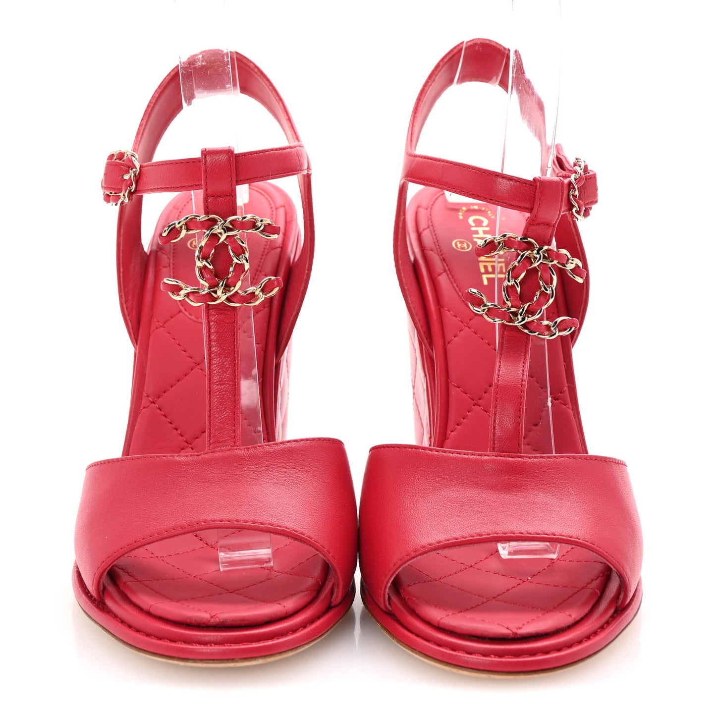Lambskin Quilted Chain CC Wedge Sandals 38 Red
