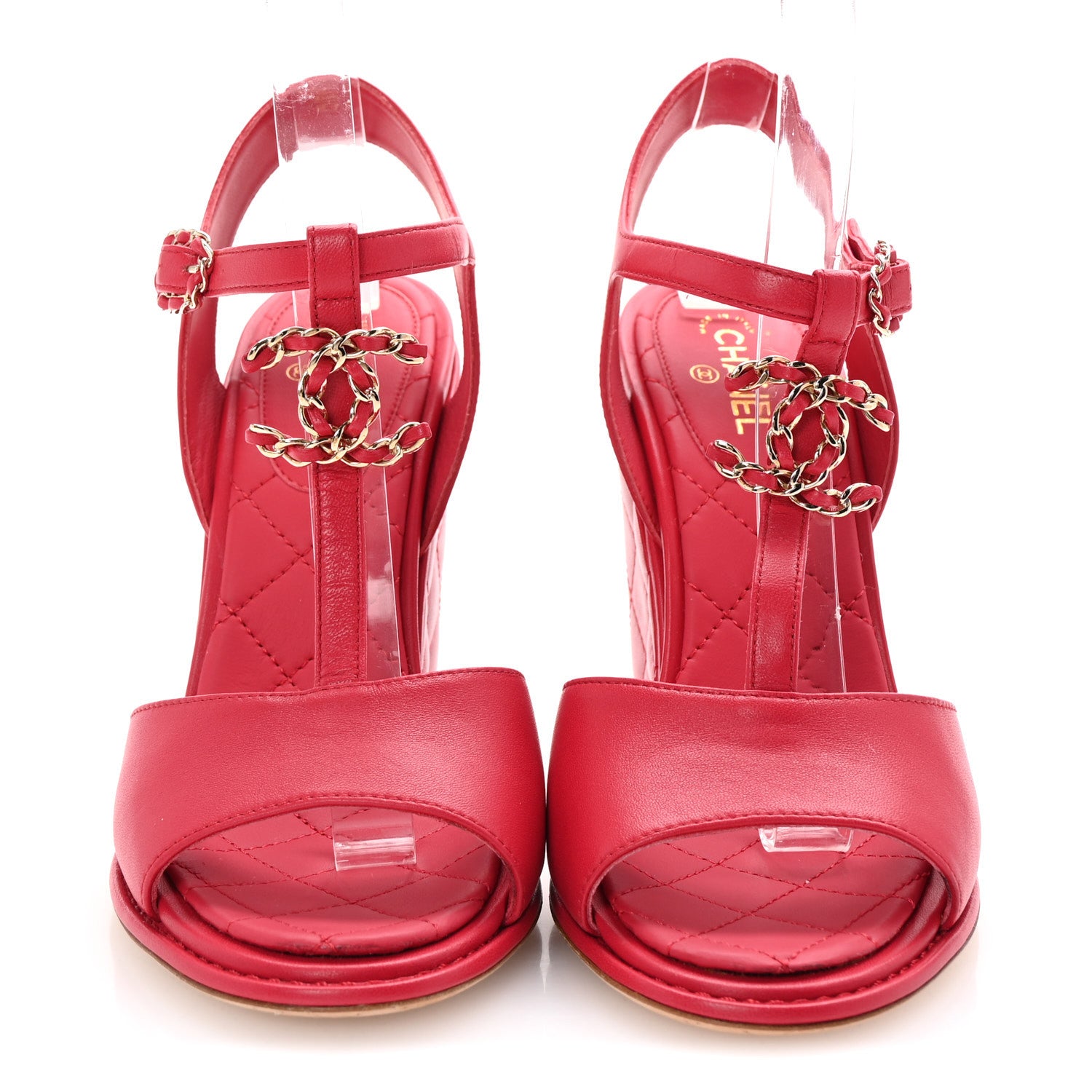 Chanel Lambskin Quilted Chain CC Wedge Sandals 38 Red 3 of 10