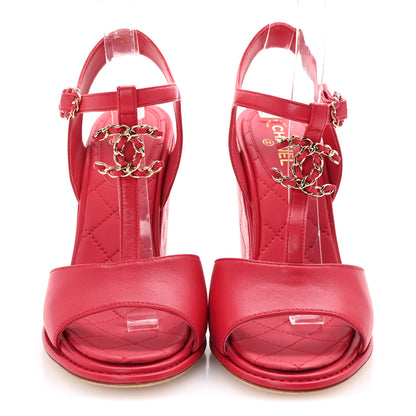 Chanel Lambskin Quilted Chain CC Wedge Sandals 38 Red 3 of 10