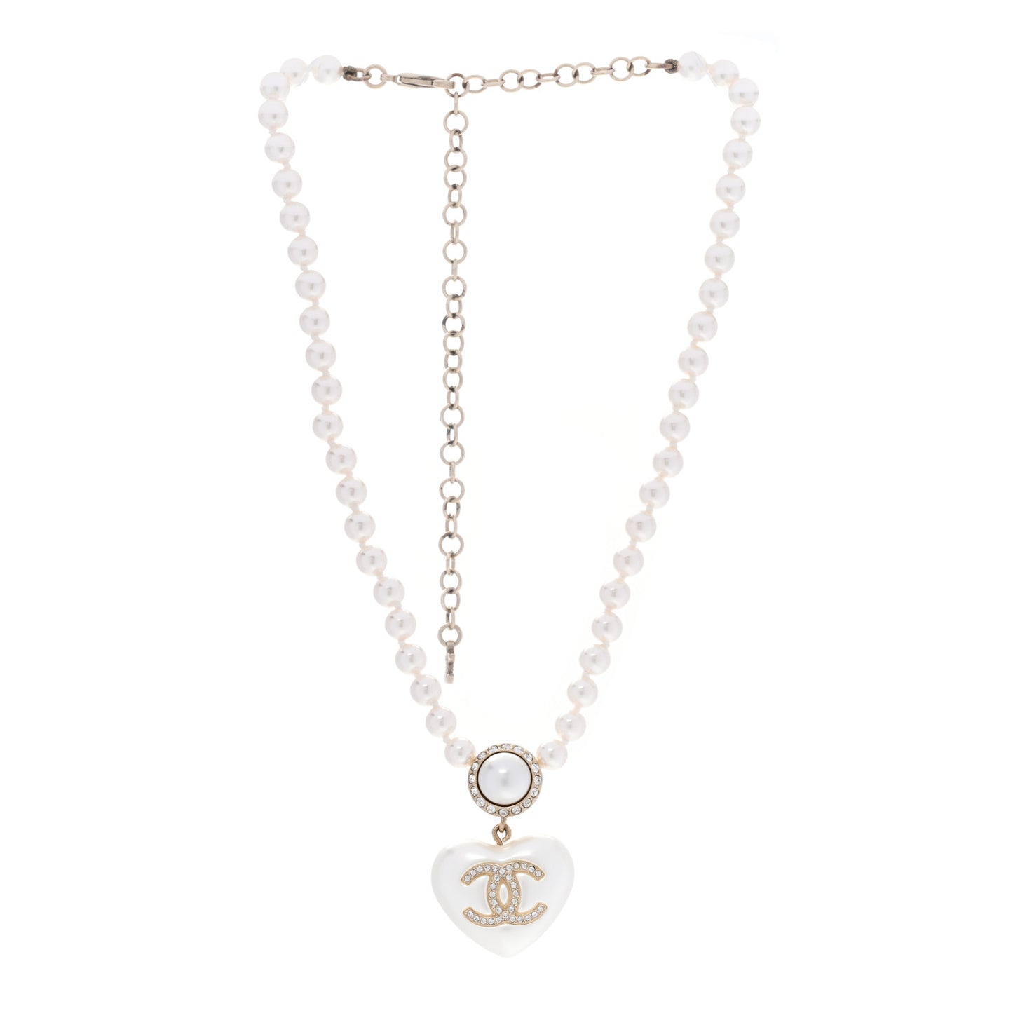 Pearl Crystal CC Heart Short Necklace Pearly White Gold