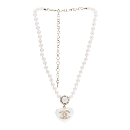 Chanel Pearl Crystal CC Heart Short Necklace Pearly White Gold 3 of 6
