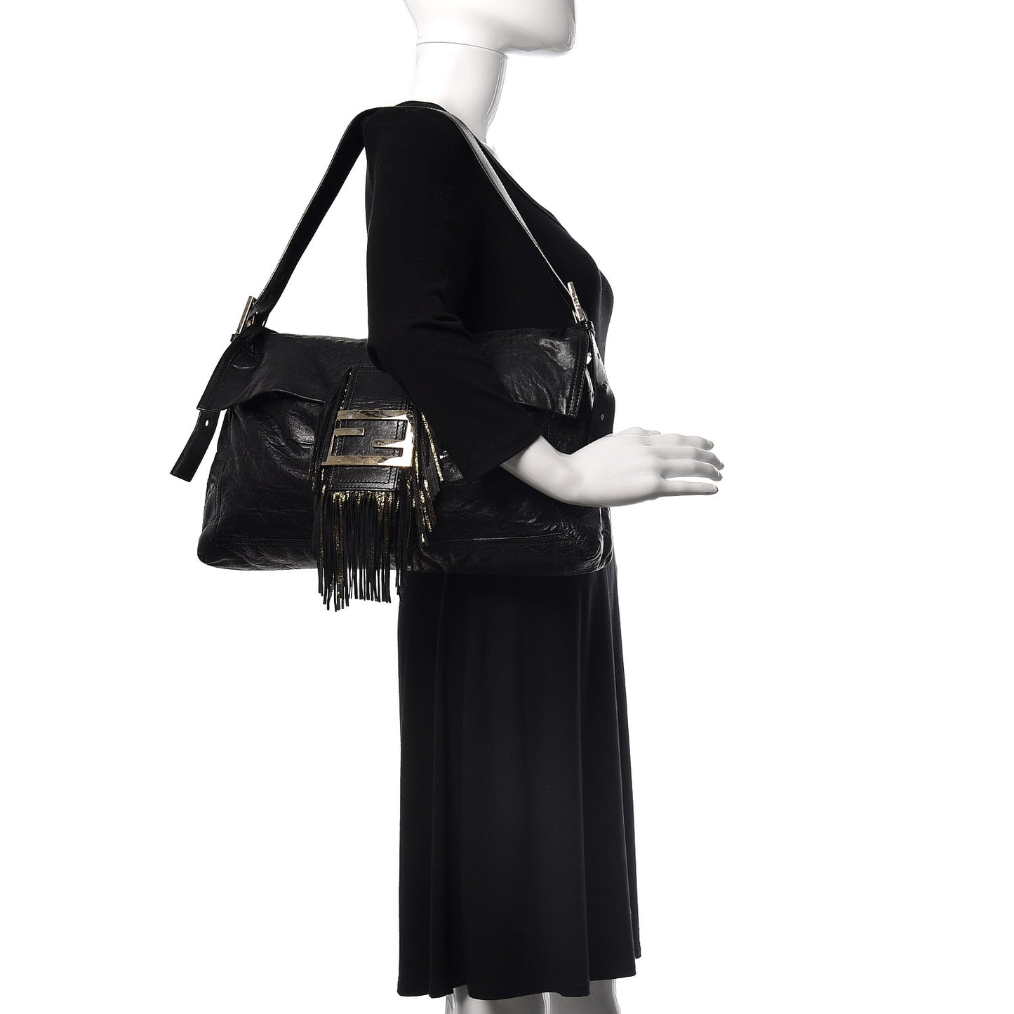 Crumpled Calfskin Fringe Large Convertible Baguette Black