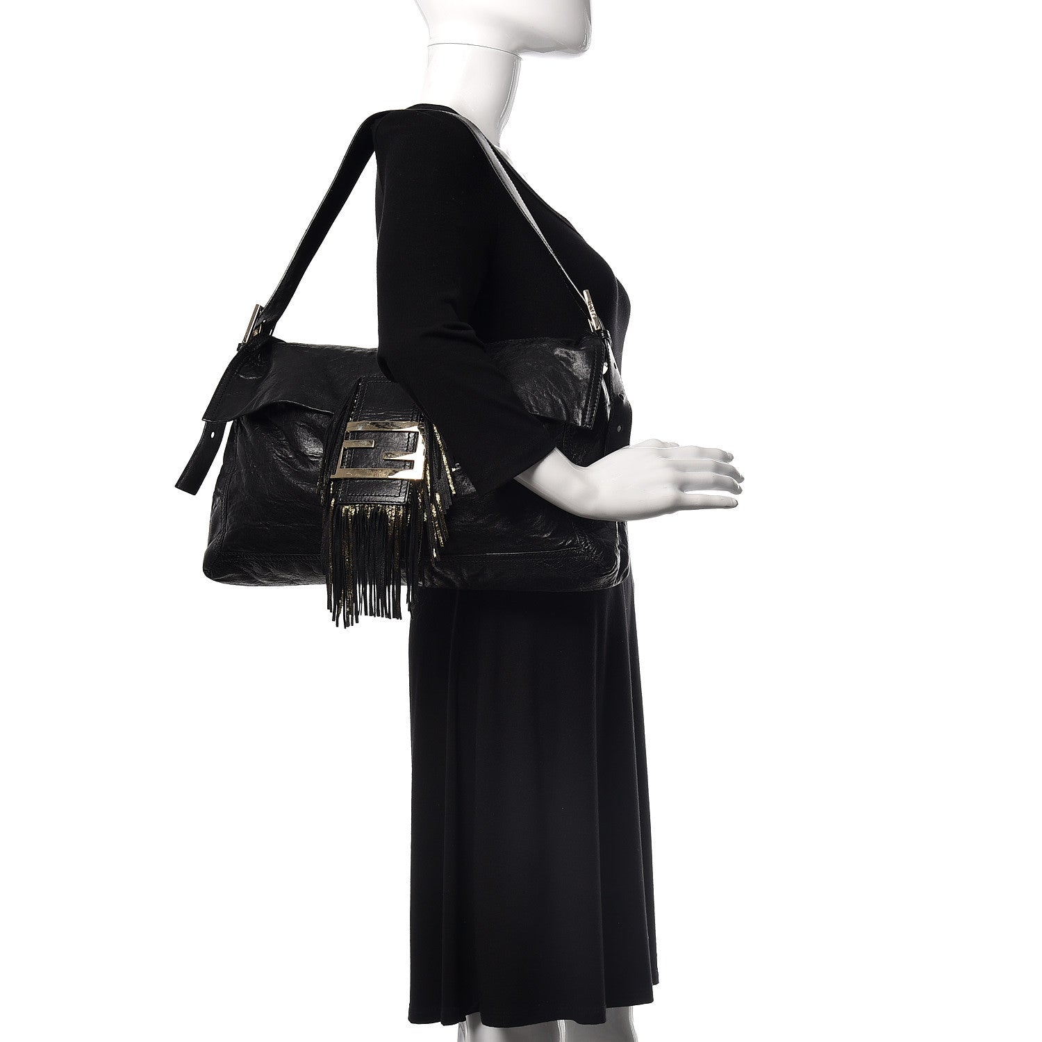 Fendi Crumpled Calfskin Fringe Large Convertible Baguette Black 2 of 18