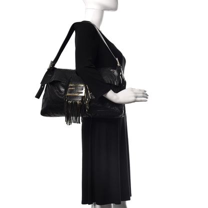 Fendi Crumpled Calfskin Fringe Large Convertible Baguette Black 2 of 18