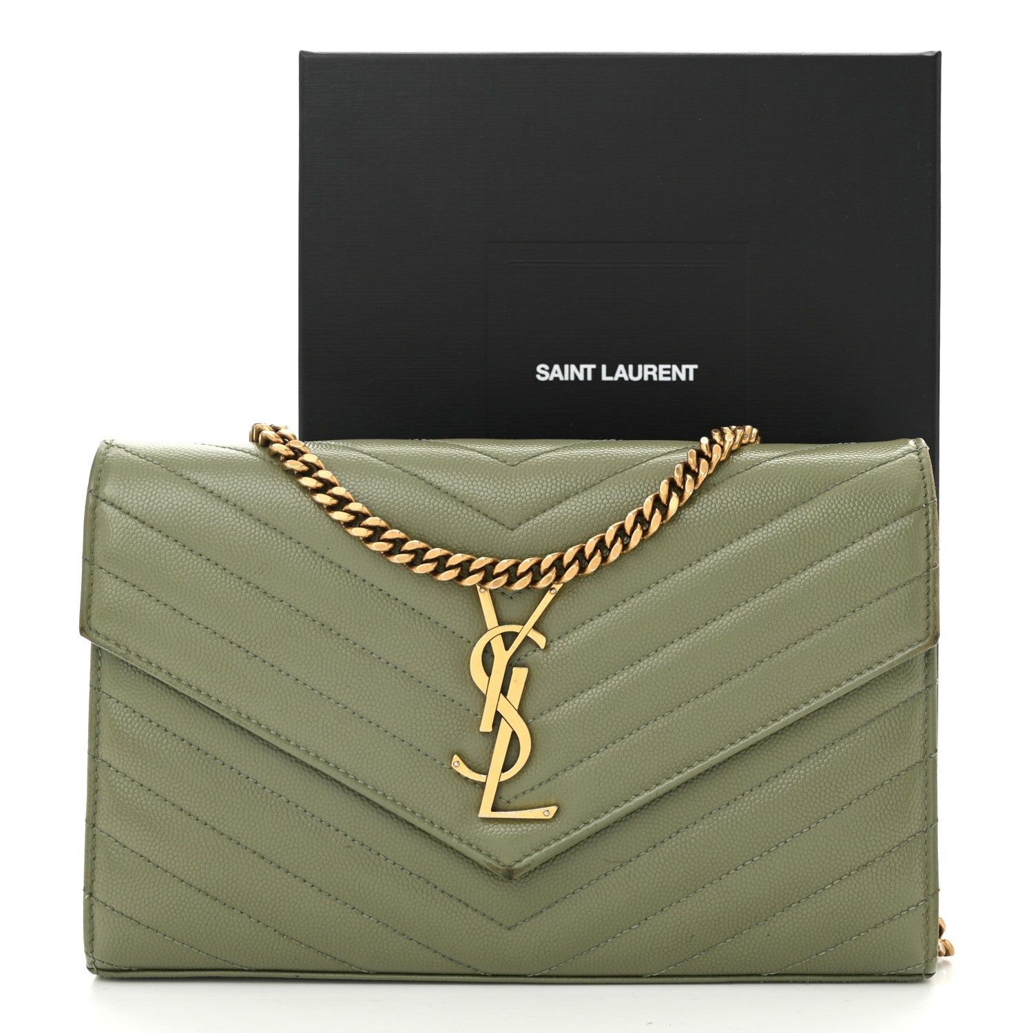 SAINT LAURENT 長財布 グリーン ゴールド金具　シボ革 Saint Laurent Grain De Poudre Matelasse Chevron Monogram Chain