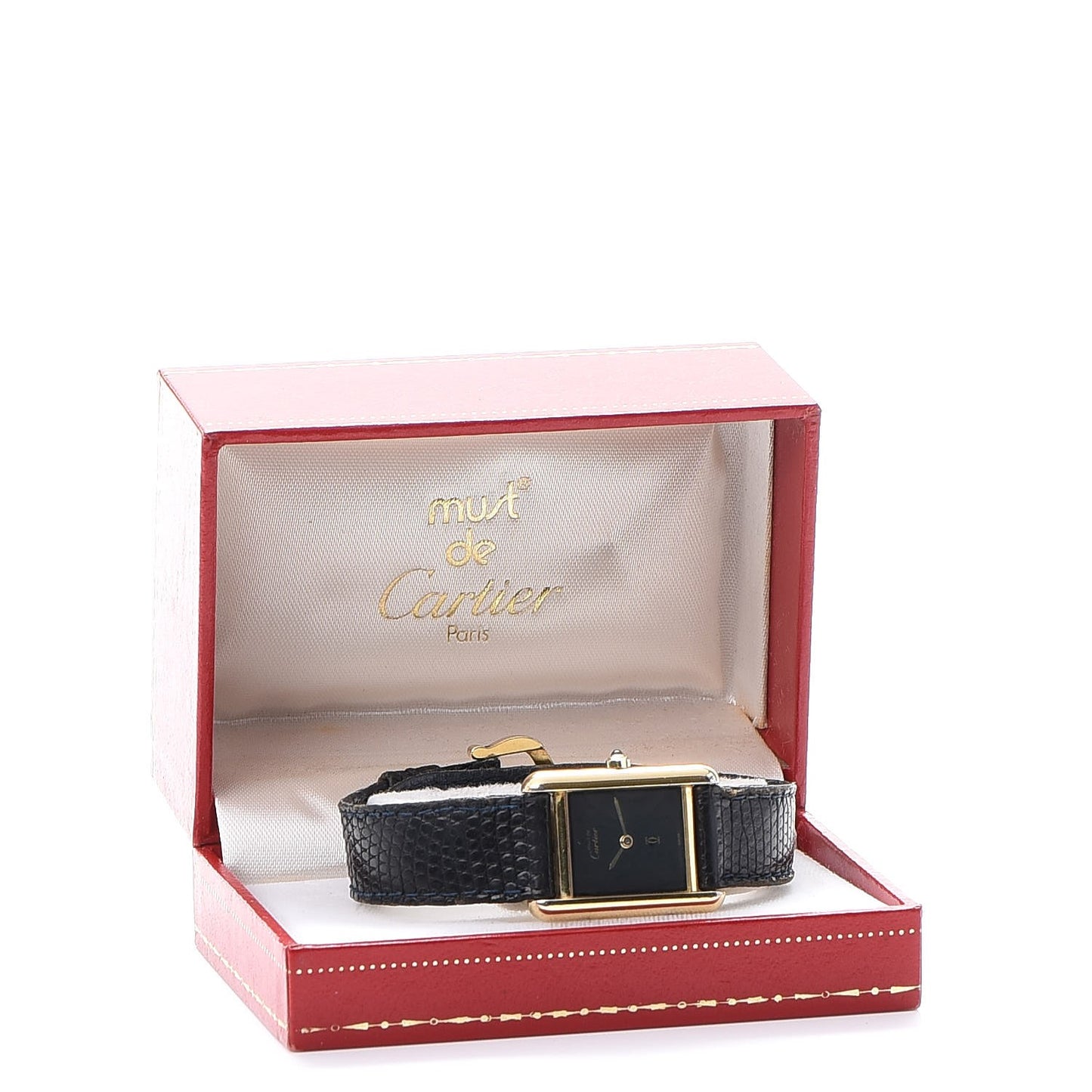 Sterling Silver Vermeil Lizard 20mm Must de Cartier Tank Quartz Watch Blue
