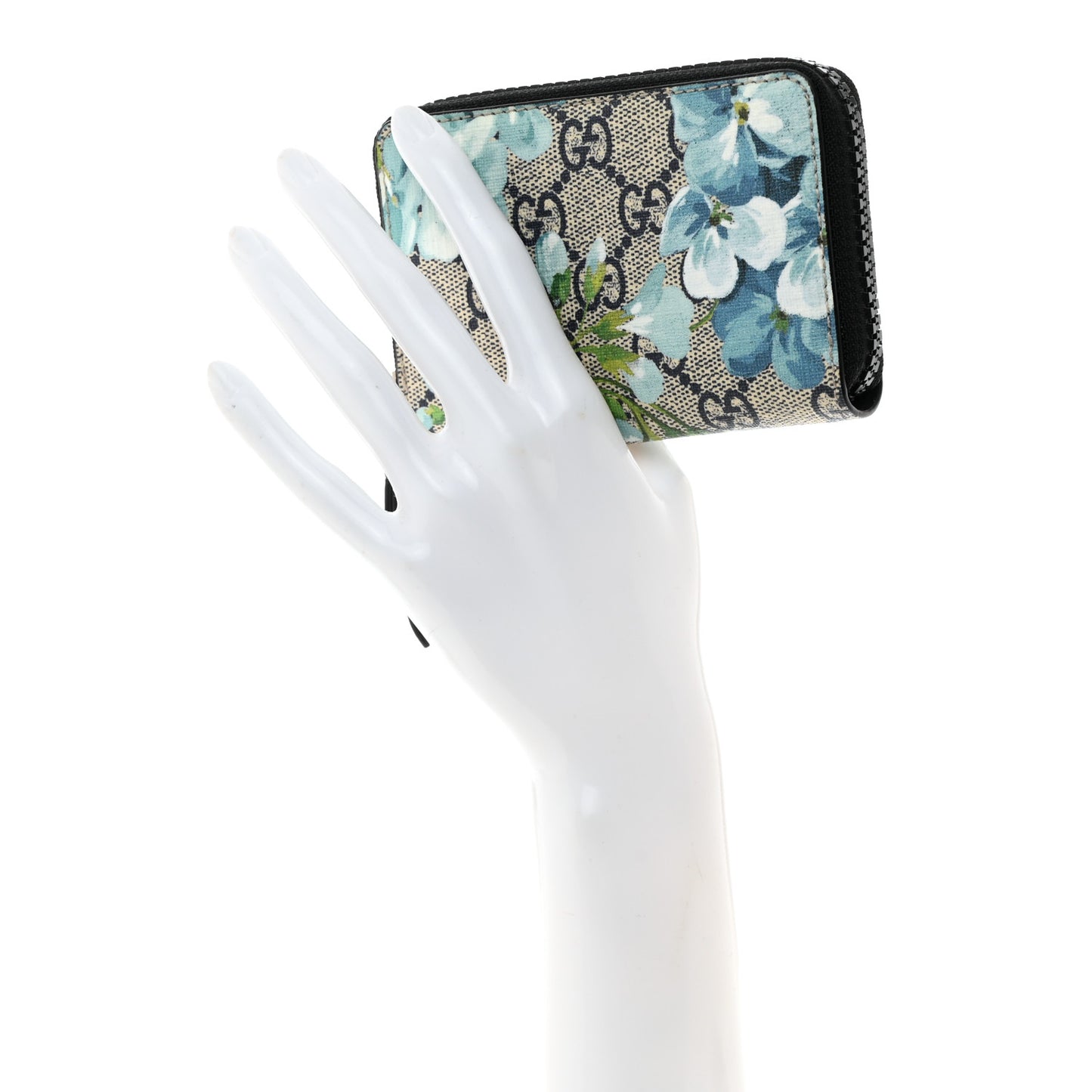 GG Supreme Monogram Blooms Zip Around Card Case Wallet Beige Blue Navy