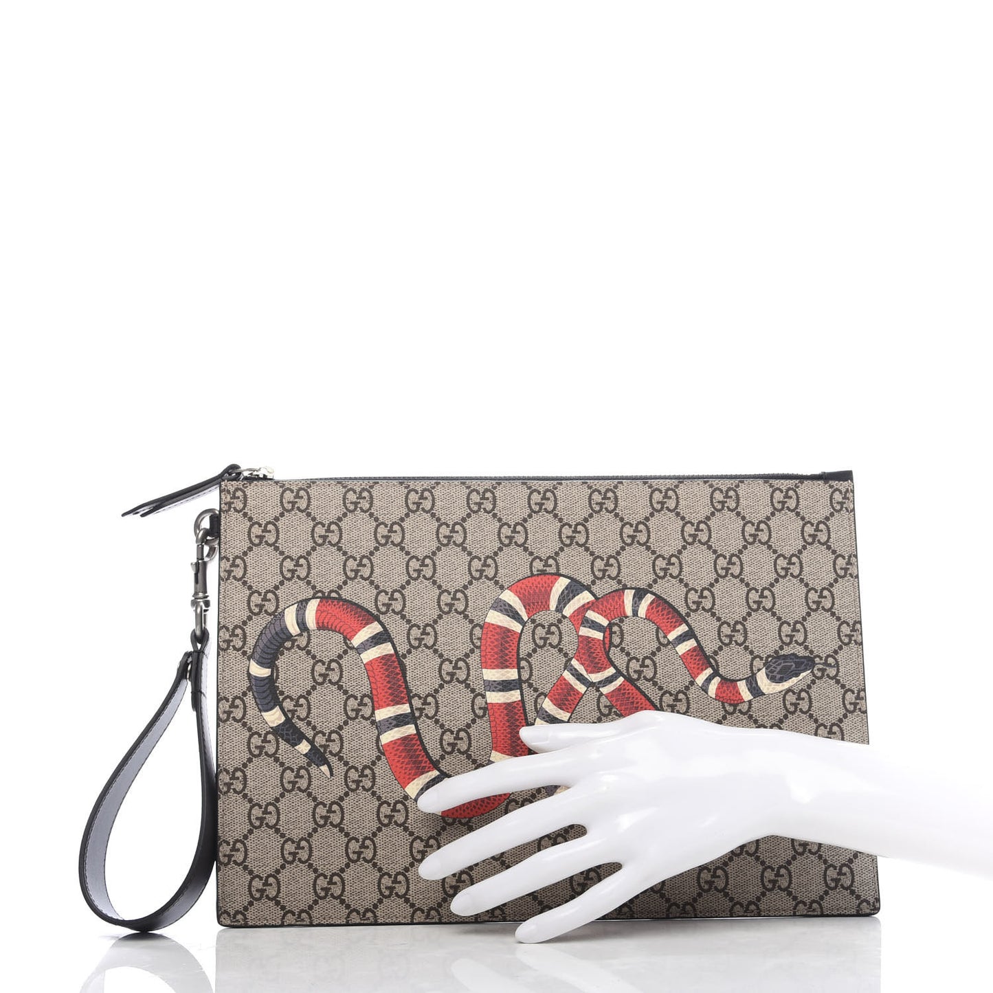 GG Supreme Monogram Kingsnake Zip Wristlet Pouch Beige Black