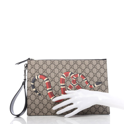 Gucci GG Supreme Monogram Kingsnake Zip Wristlet Pouch Beige Black 2 of 7