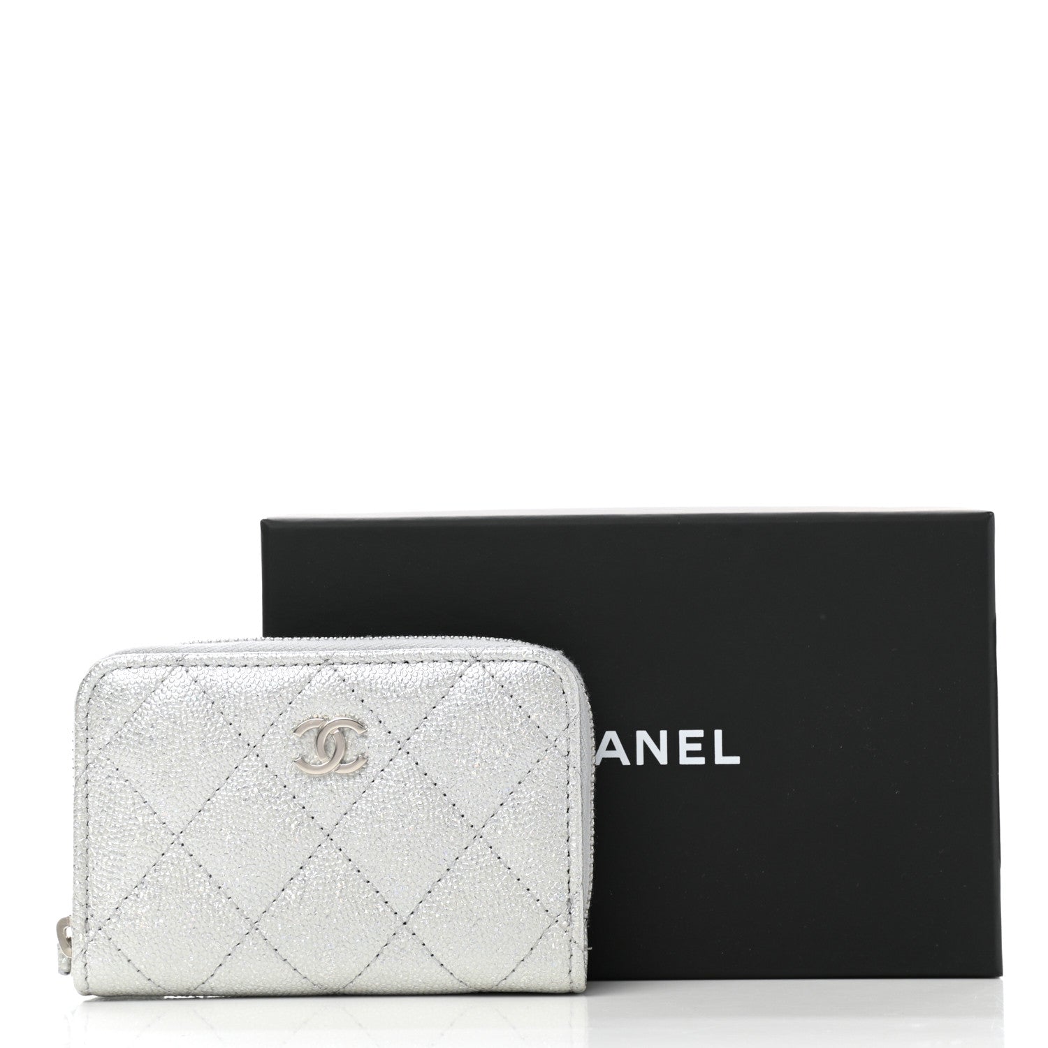 Chanel Glittered Metallic Caviar Quilted Zip Coin Purse Wallet Silver 8 of 8