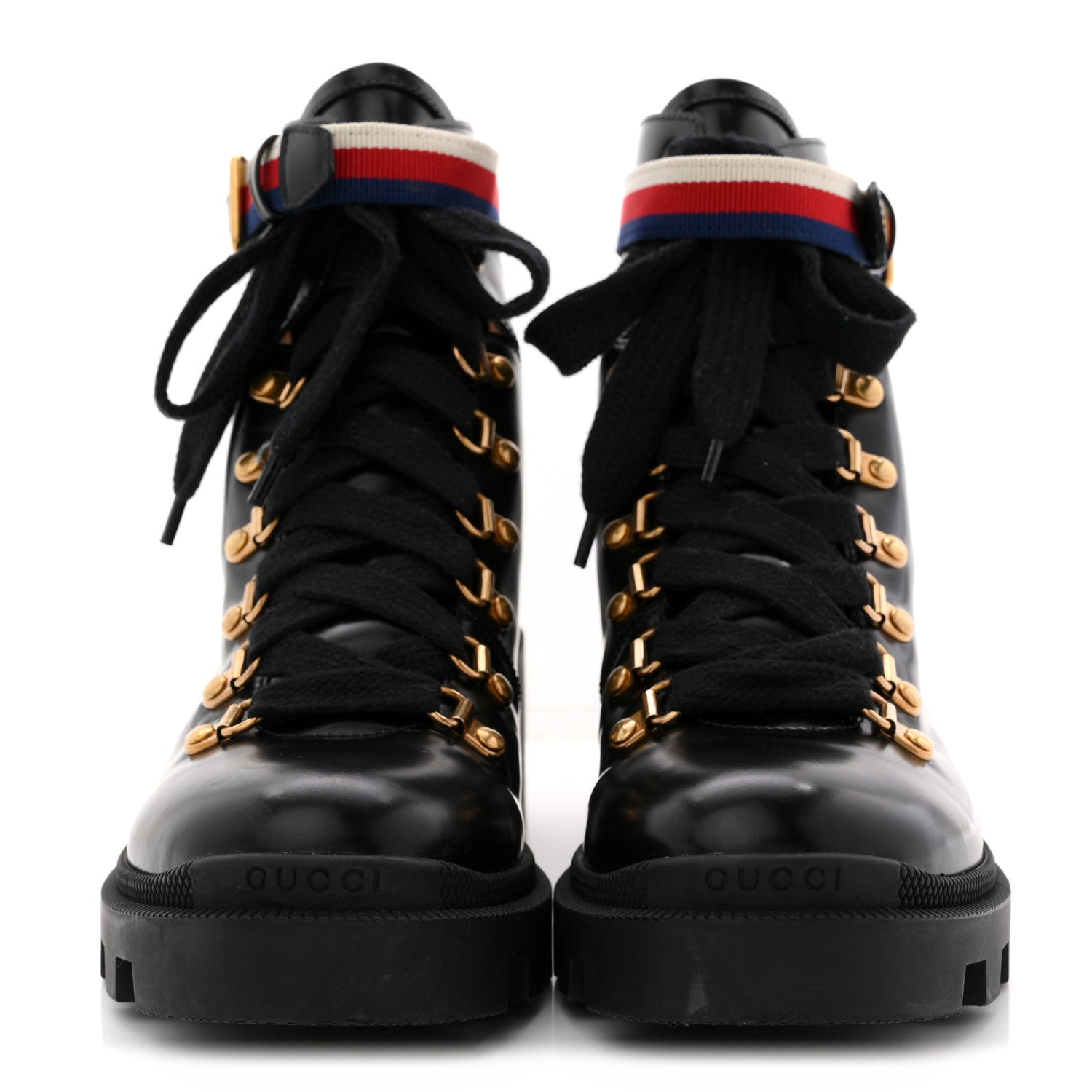 Gucci Calfskin Sylvie Web Womens Lace Up Combat Boots 38 Black 3 of 11