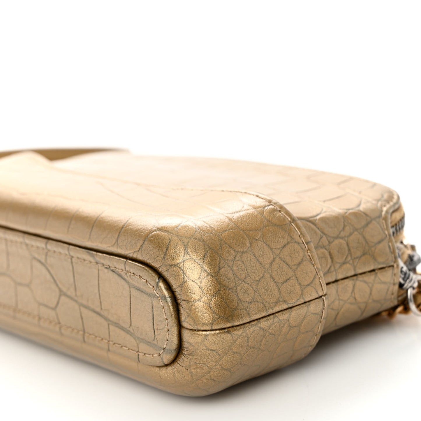 Metallic Calfskin Crocodile Embossed Small Gabrielle Clutch With Chain Gold