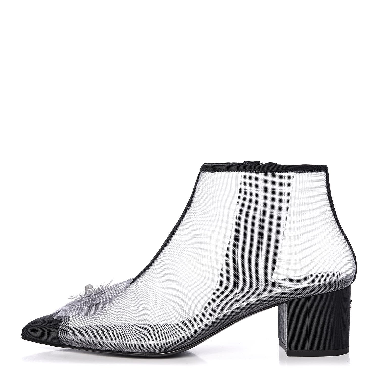 Chanel Mesh Grosgrain Camellia Short Boots 39 Grey Black 1 of 10