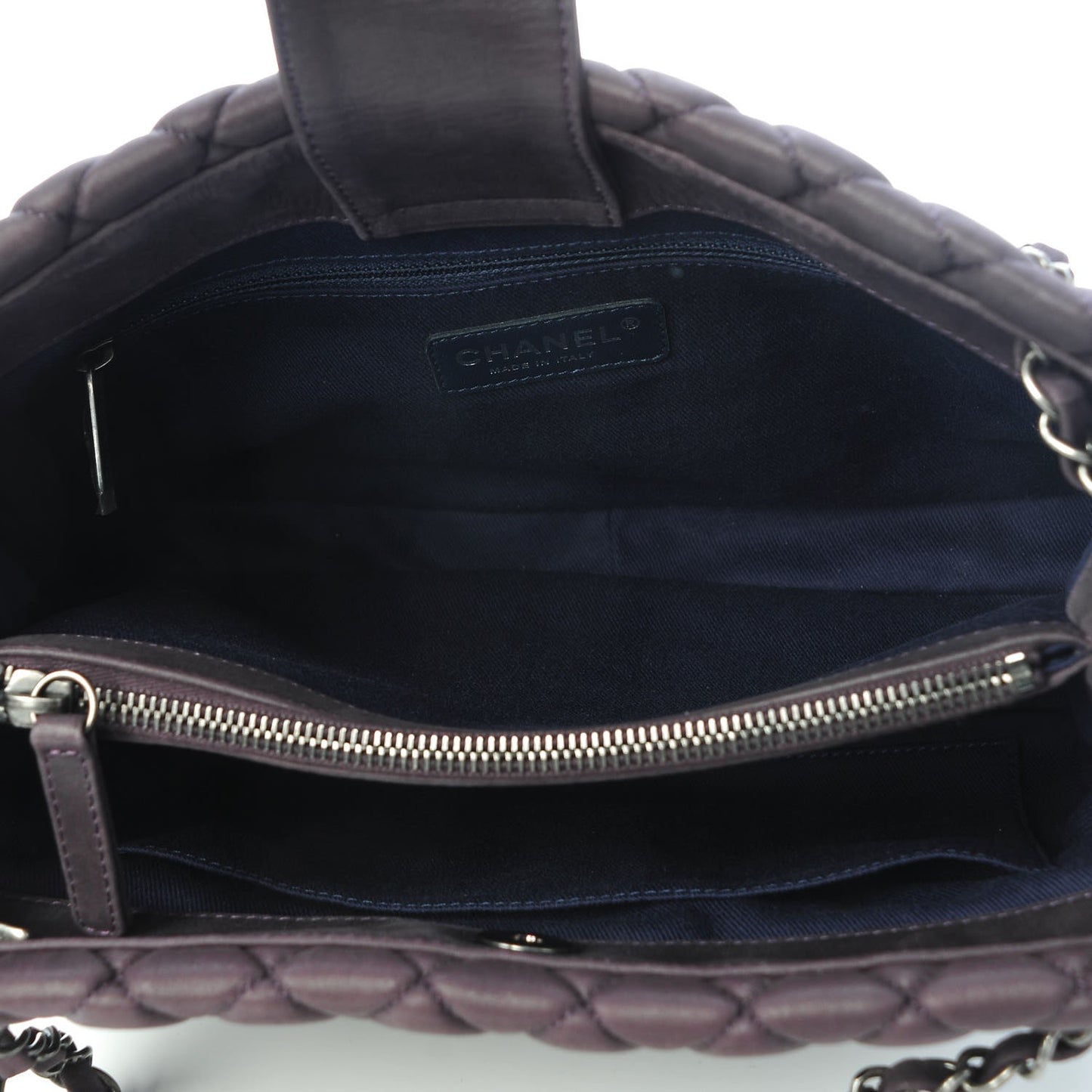 Iridescent Calfskin Small New Bubble Quilt Tote Plum