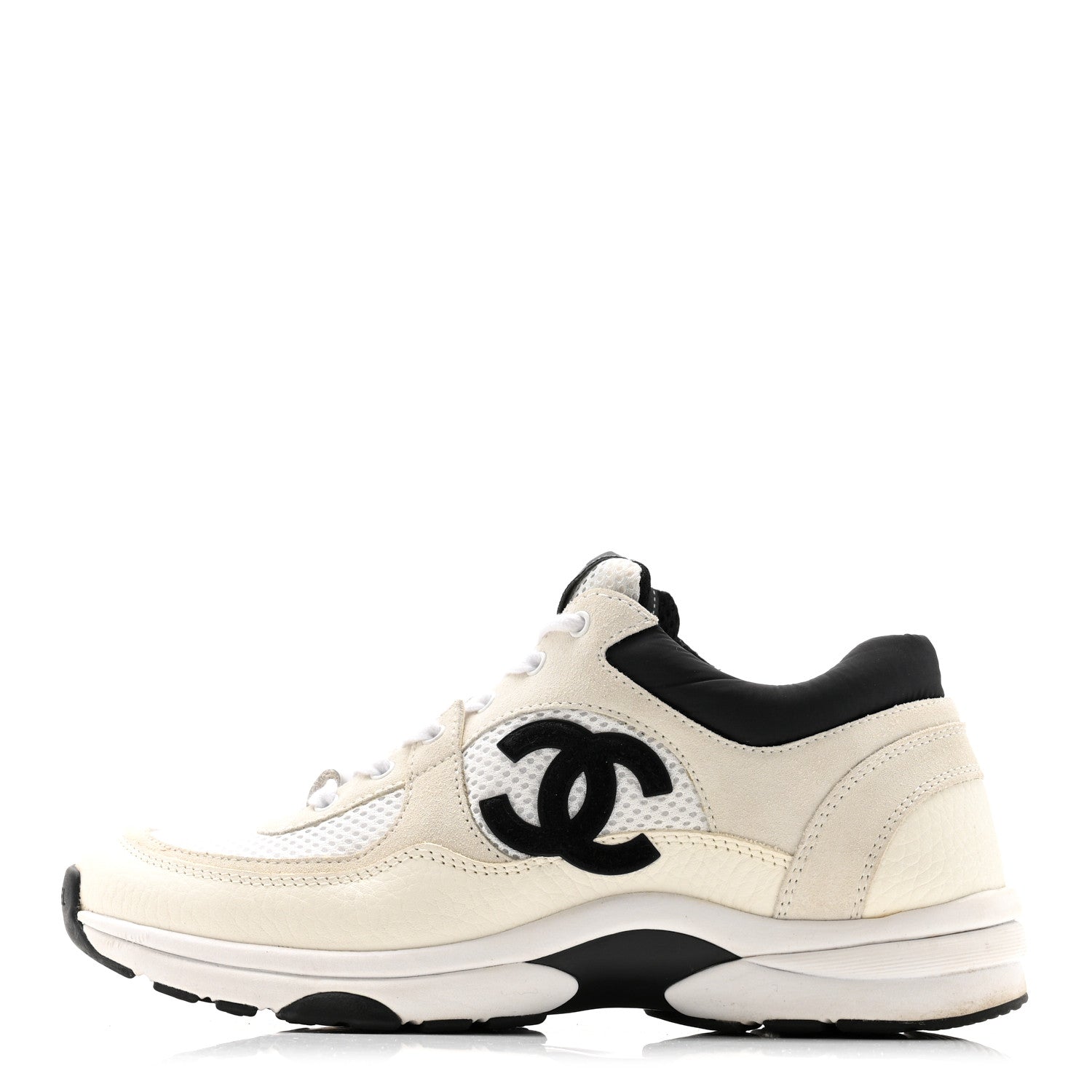 Chanel Mesh Suede Calfskin Grained Calfskin Womens CC Sneakers 38 White Black 2 of 22