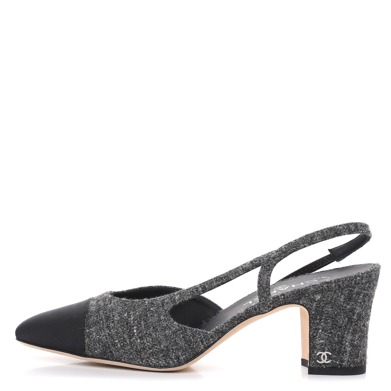 Chanel Tweed Grosgrain Cap Toe CC Slingback Pumps 40.5 Black Dark Grey 1 of 9
