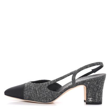 Chanel Tweed Grosgrain Cap Toe CC Slingback Pumps 40.5 Black Dark Grey 1 of 9
