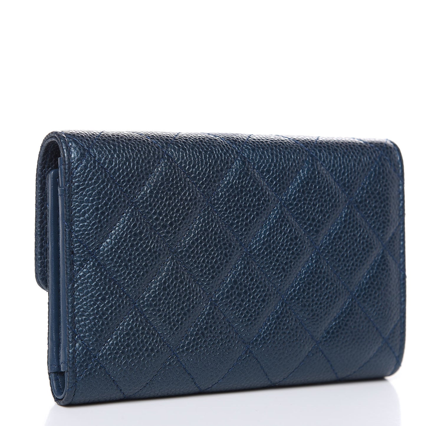 Iridescent Caviar Quilted Medium Flap Wallet Dark Blue