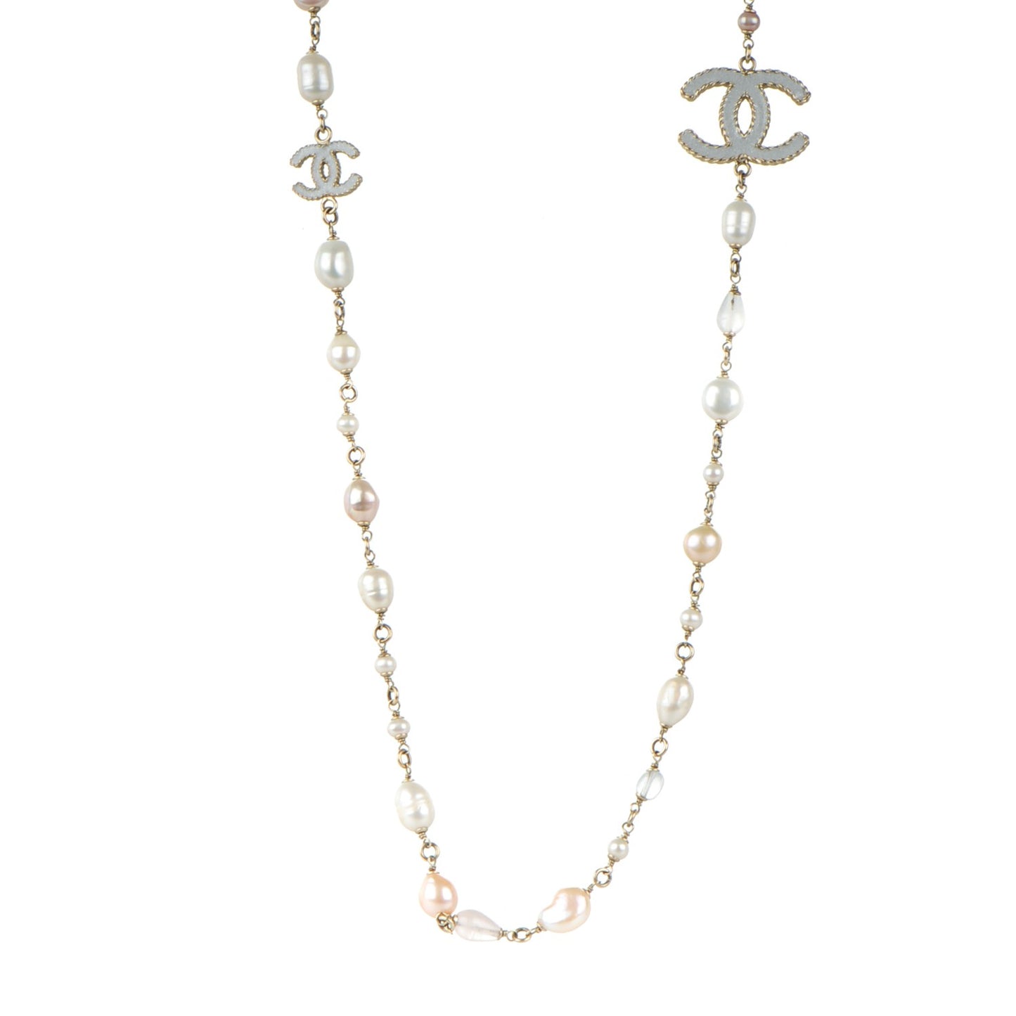 Pearl Bead Enamel CC Long Necklace Pink Gold