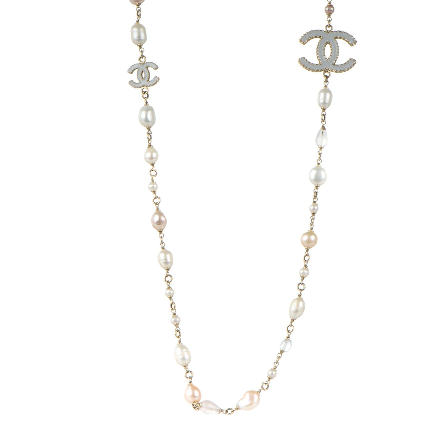 Chanel Pearl Bead Enamel CC Long Necklace Pink Gold 1 of 5
