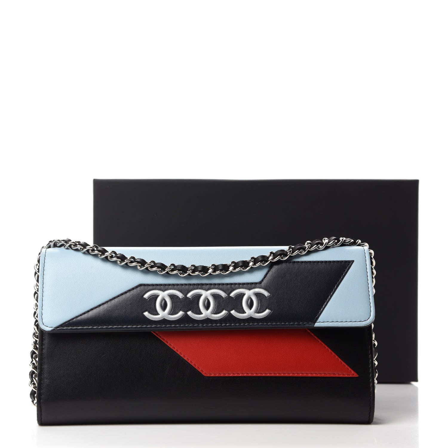 Chanel Lambskin Airlines Wallet On Chain WOC Blue Black Red 13 of 13
