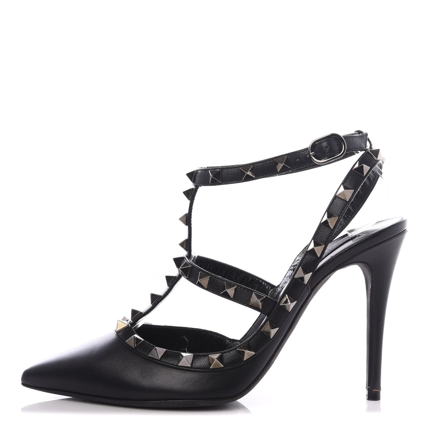 Calfskin Nappa Rockstud Ankle Strap 100mm Pumps 37.5 Black