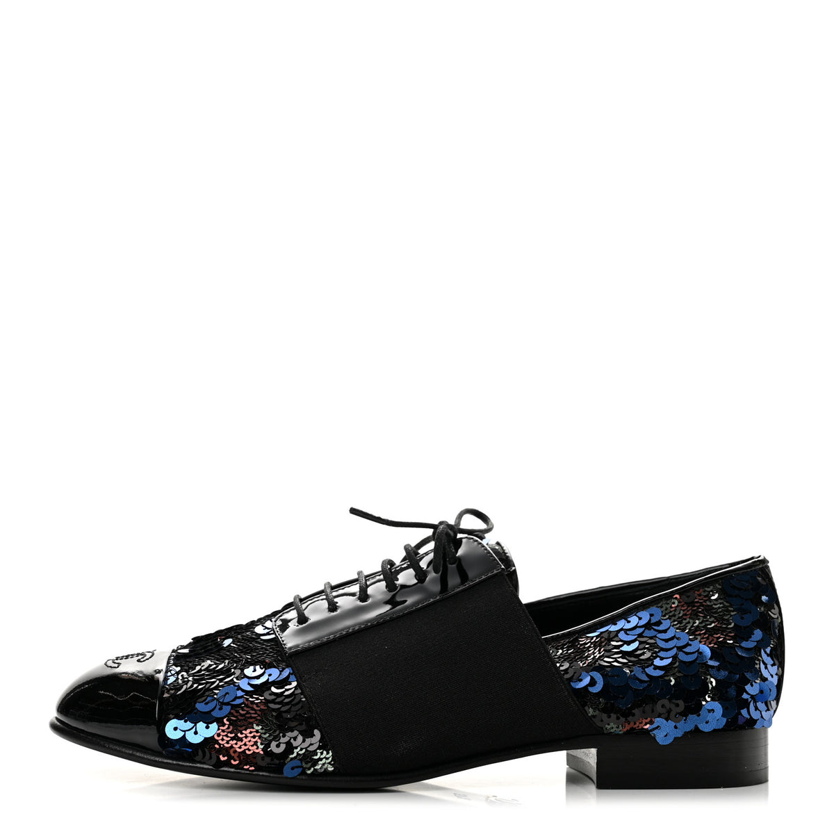 Chanel Patent Calfskin Sequin CC Cap Toe Womens Lace Up Oxfords 37.5 Blue Black 1 of 9
