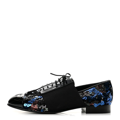 Chanel Patent Calfskin Sequin CC Cap Toe Womens Lace Up Oxfords 37.5 Blue Black 1 of 9