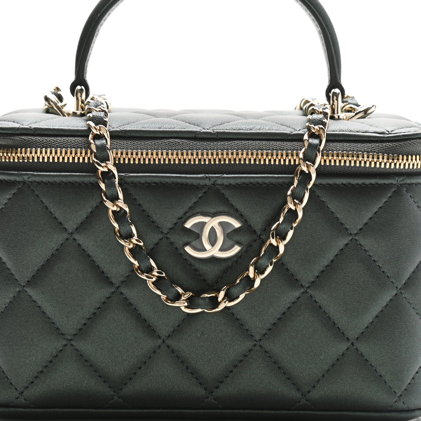 Iridescent Lambskin Quilted Small Top Handle Vanity Case With Chain Green