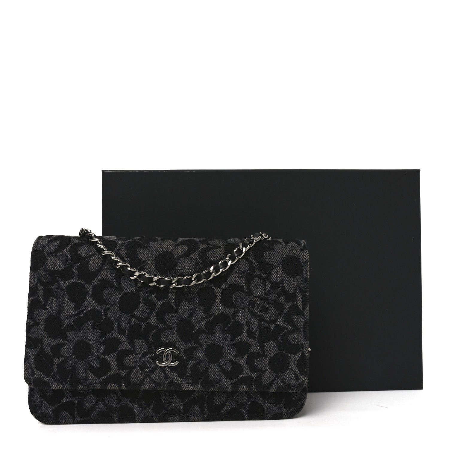 Chanel Printed Denim Quilted Flower Wallet On Chain WOC Black 12 of 12