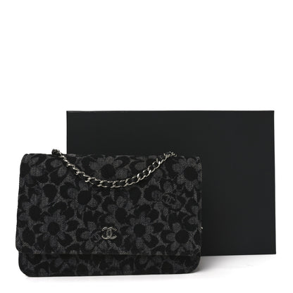 Chanel Printed Denim Quilted Flower Wallet On Chain WOC Black 12 of 12