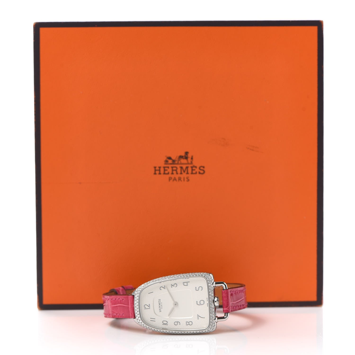 Hermes Stainless Steel Alligator Diamond Bezel 26mm Galop Quartz Watch Framboise 5 of 5