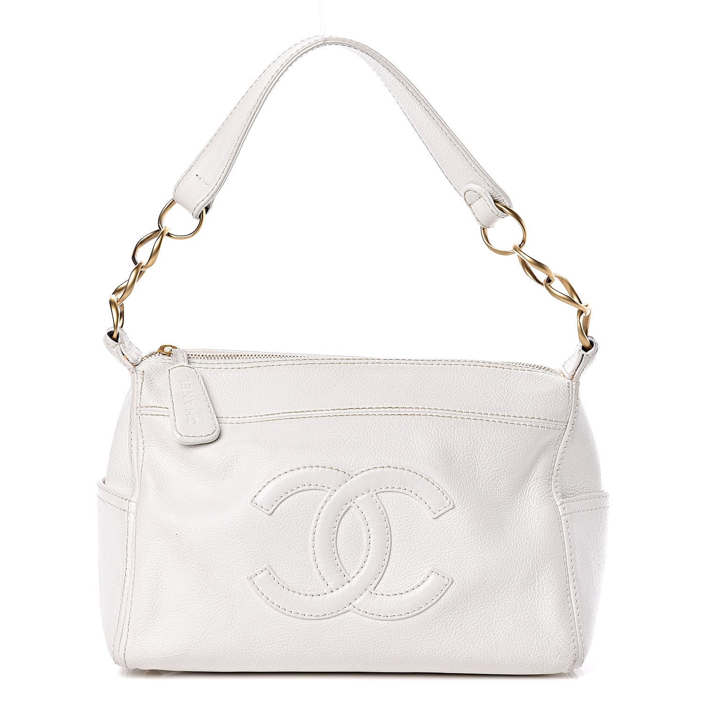 Grained Calfskin CC Shoulder Bag White