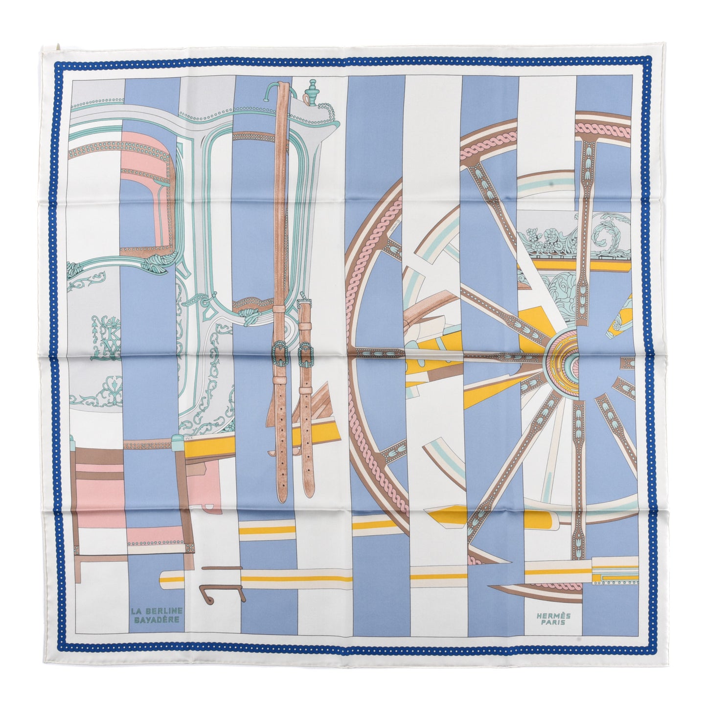 Silk La Berline Bayadere Scarf 90 White Bleu Ciel Vieux Rose