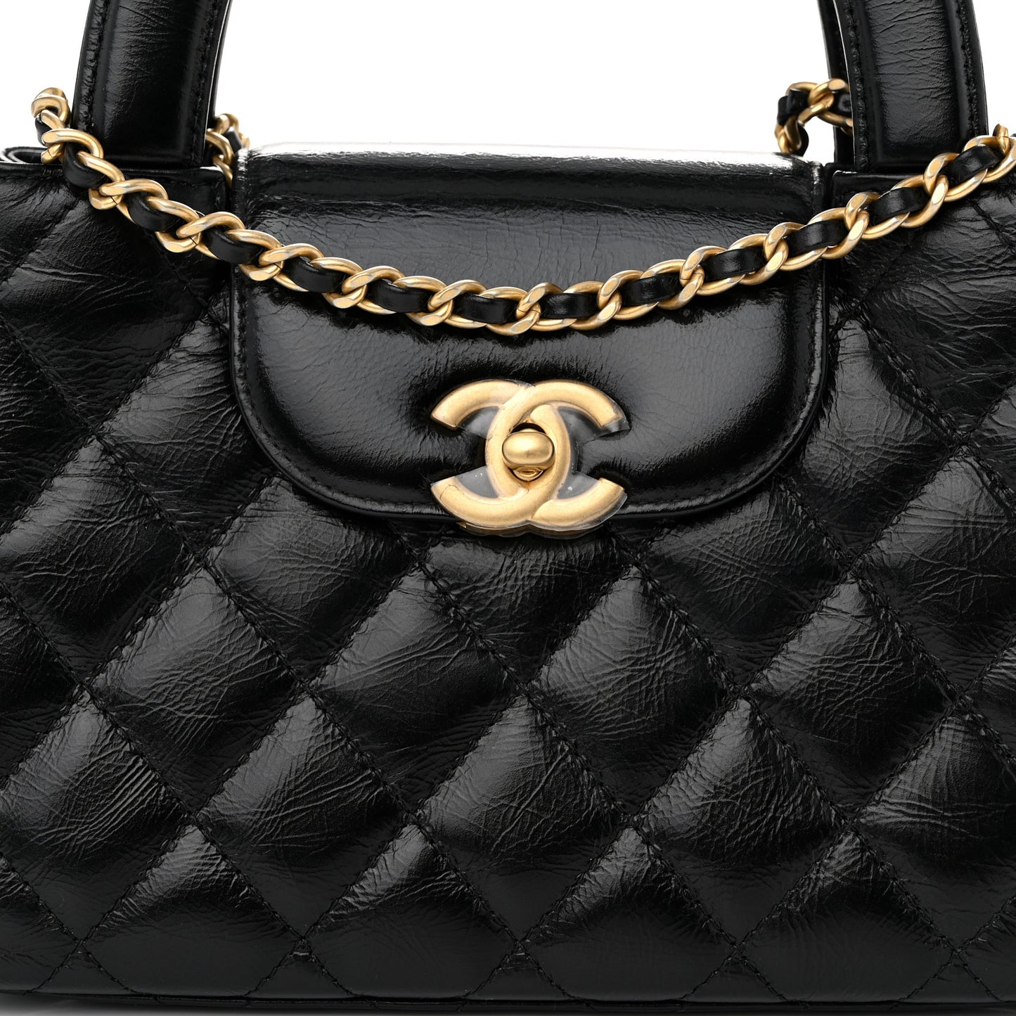 Shiny Aged Calfskin Quilted Nano Kelly Shopper Black