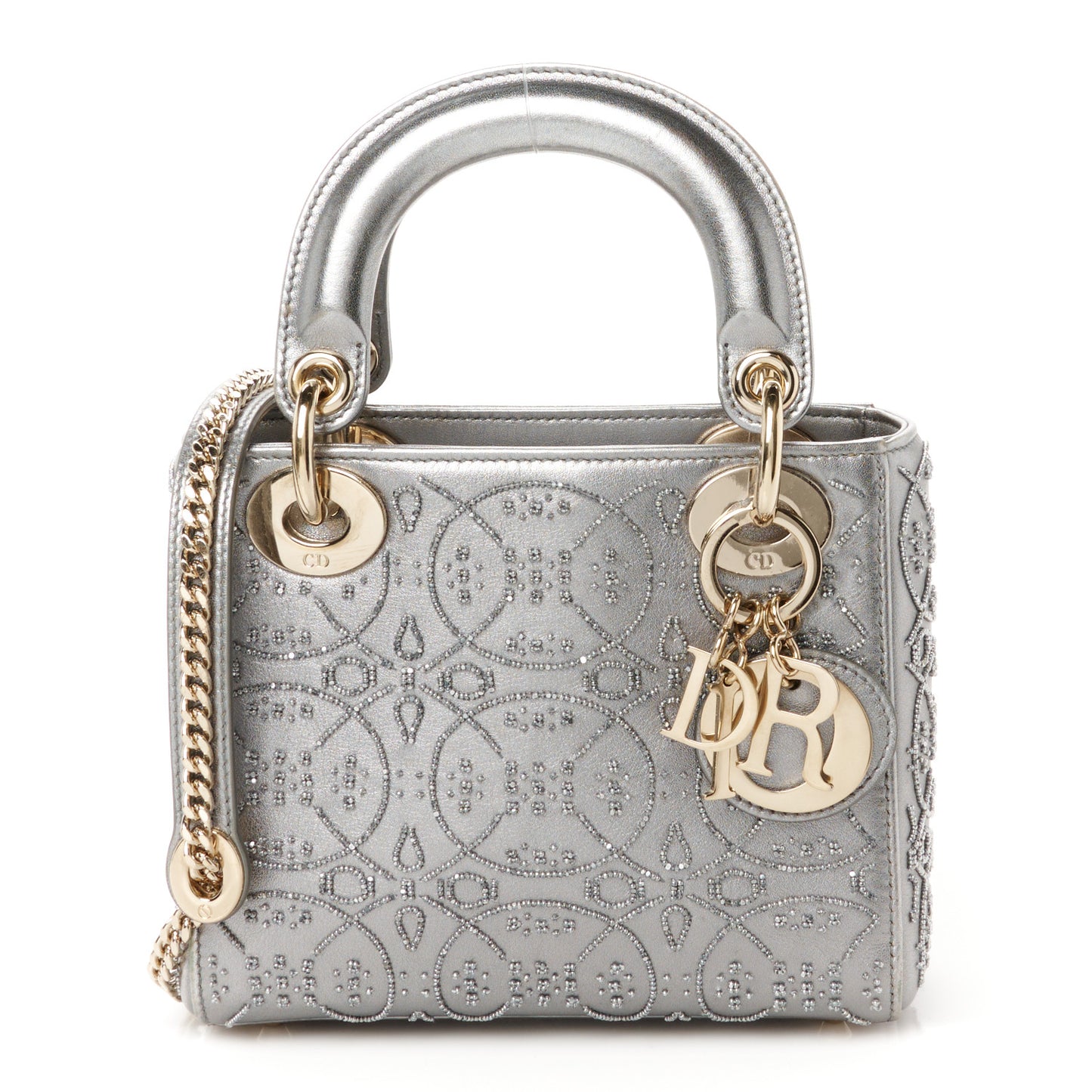 Metallic Lambskin Beaded Embroidered Mini Lady Dior Silver