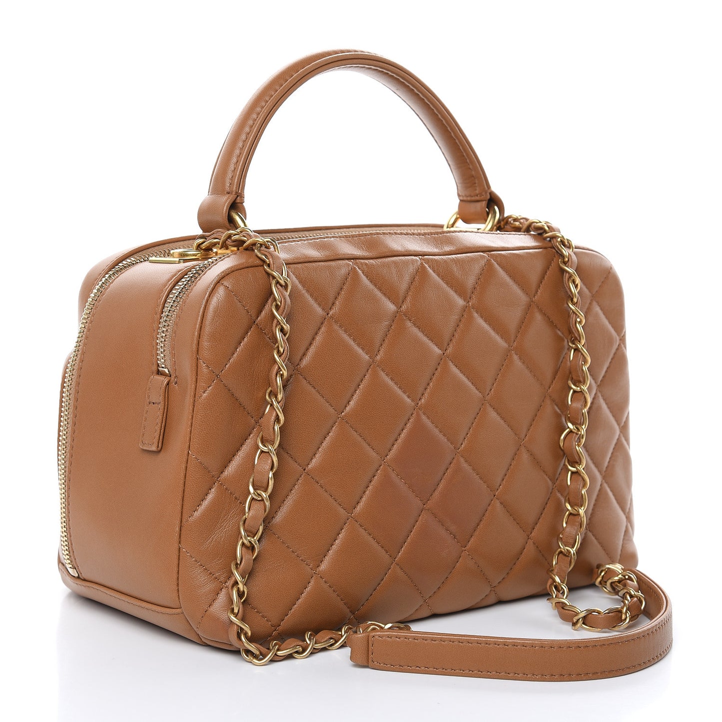 Lambskin Quilted Medium Trendy CC Bowling Bag Camel