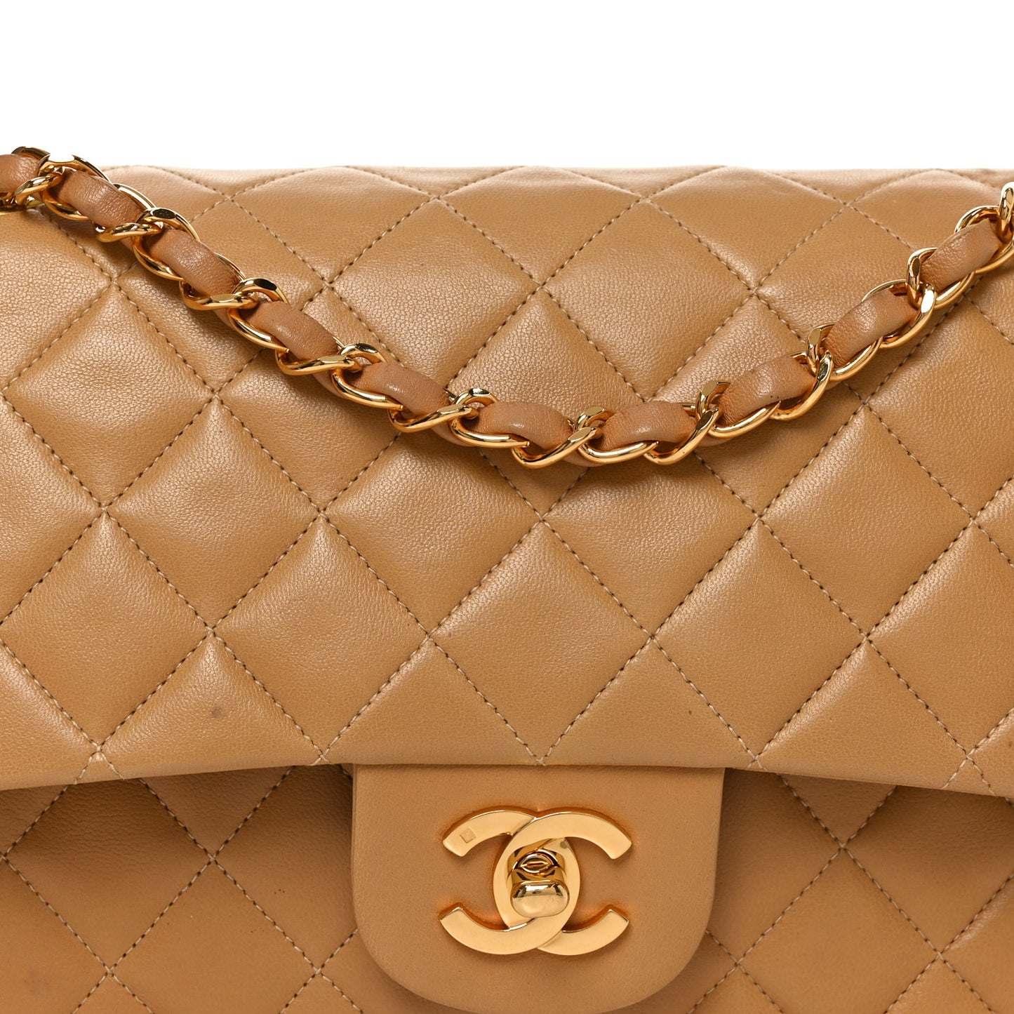 Lambskin Quilted Medium Double Flap Beige