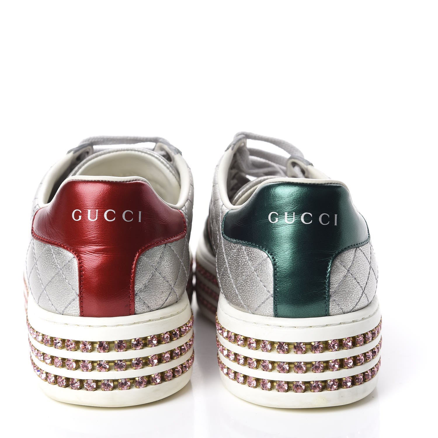 Gucci Laminated Nappa Crystal Web Bee Embroidered Trapuntata Womens Ace Platform Sneakers 36.5 Argento 5 of 12