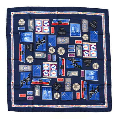 Chanel Silk CC Travel Stamps Square Scarf Navy 1 of 3