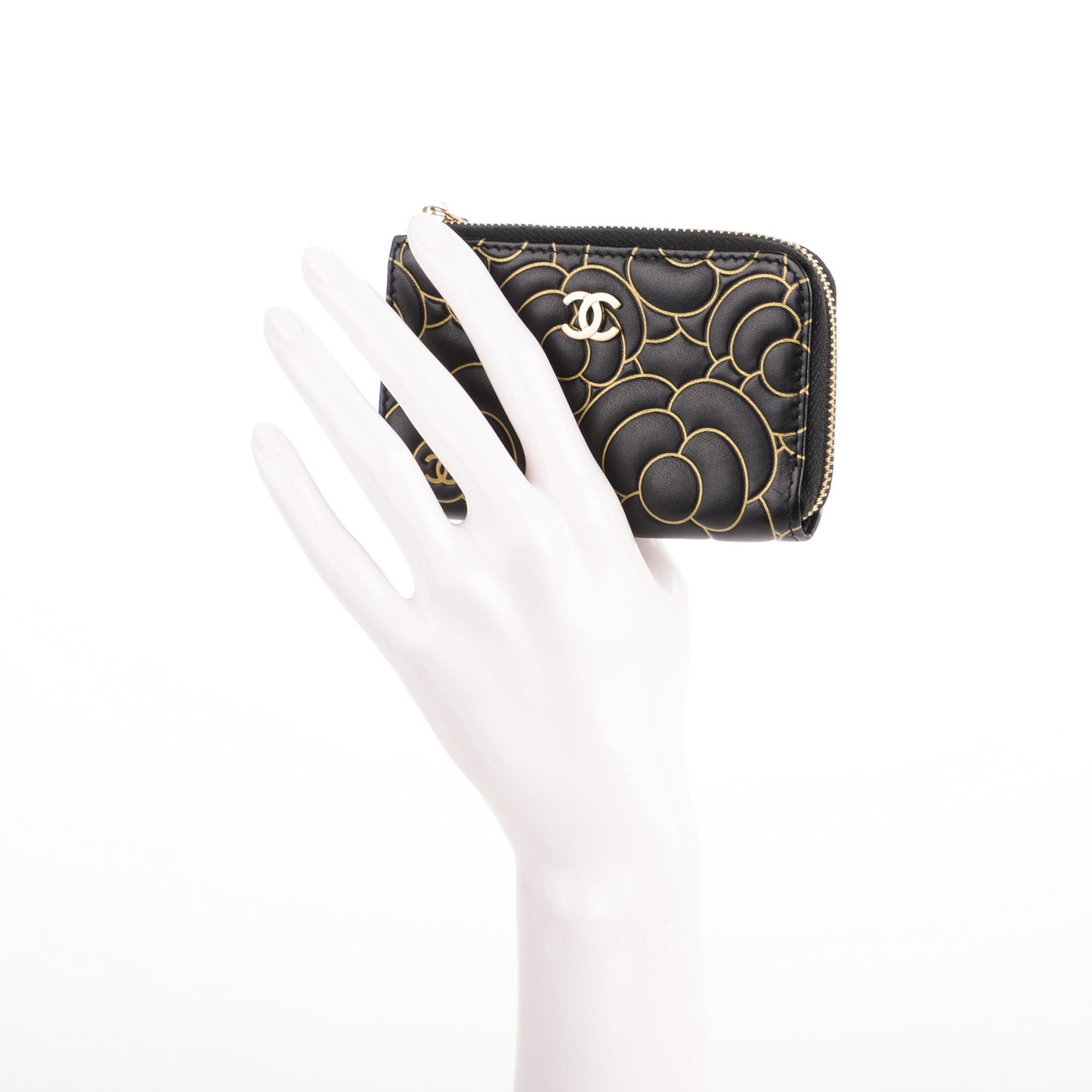 Lambskin Camellia Embossed Key Holder Case Black