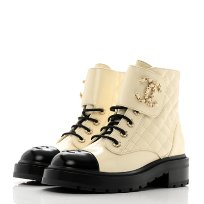 Chanel Shiny Lambskin Quilted Lace Up Combat Boots 37.5 White Black 4 of 11